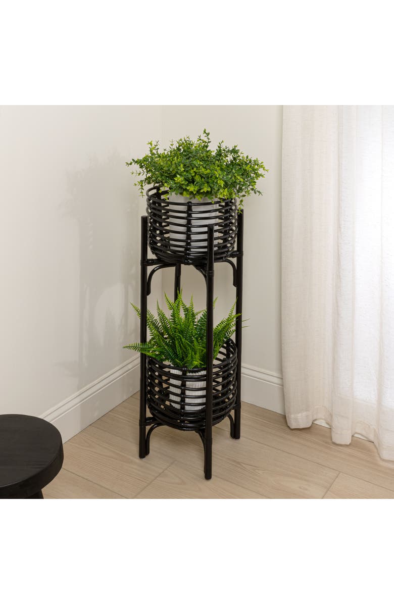 JONATHAN Y Zachariah 33.5" Bohemian Minimalist Handmade 2-Tier Rattan Indoor Planter Stand, Alternate, color, Black