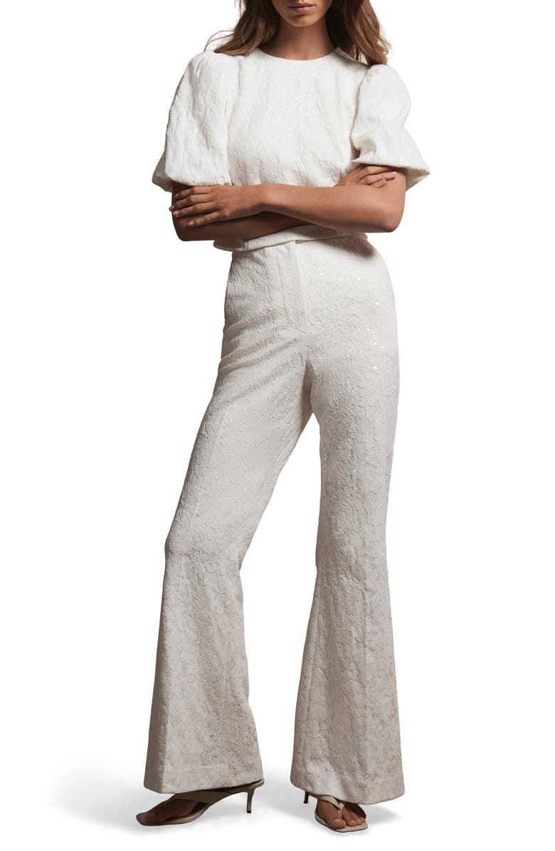 MINT VELVET Sequin Lace Flare Trousers, Alternate, color, Ivory