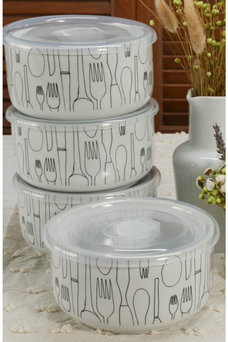 Set of 4 Large Storage Bowl with Lid, Alternate, color, WHITE
