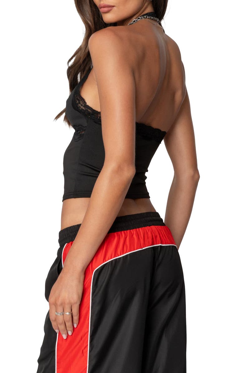 EDIKTED Cindi Lace Trim Halter Crop Top, Alternate, color, Black
