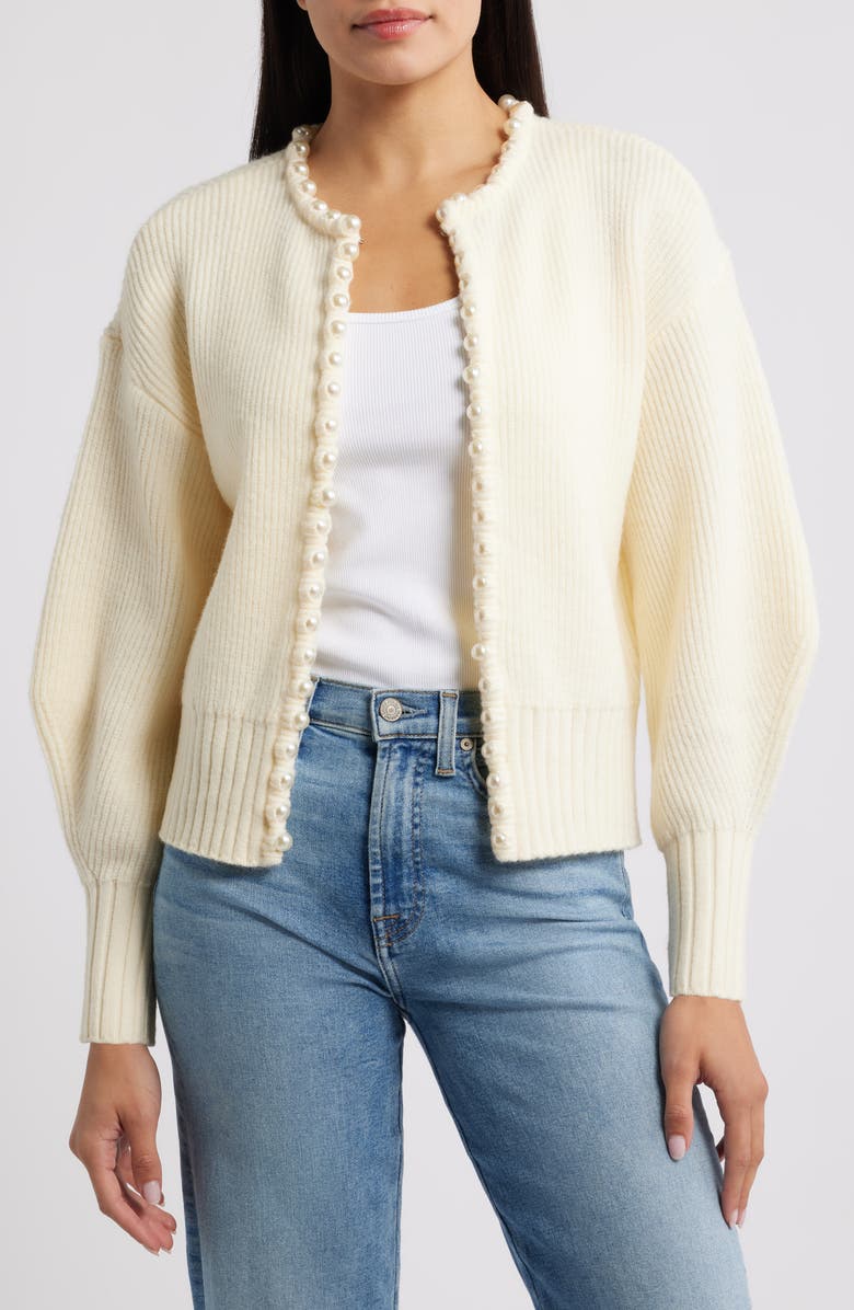 Wit & Wisdom Faux Pearl Trim Cardigan, Main, color, Vanilla