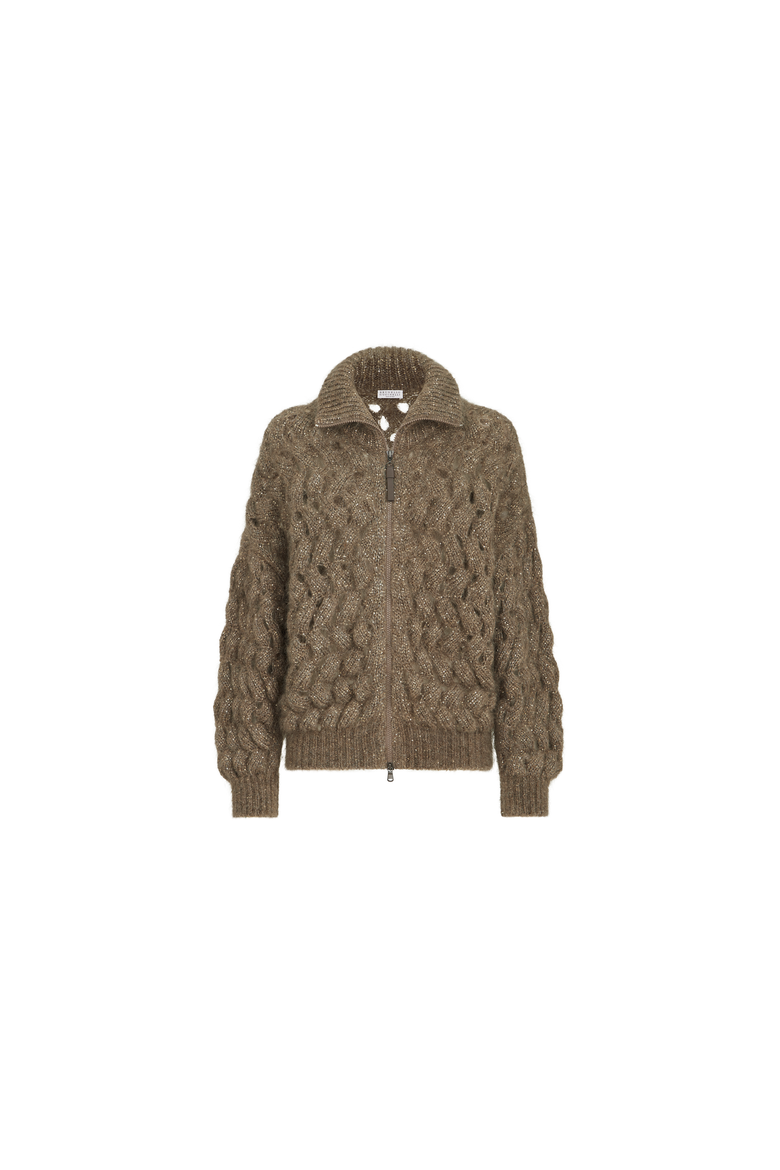 Dazzling zigzag cables cardigan in mohair and wool, Alternate, color, Bark