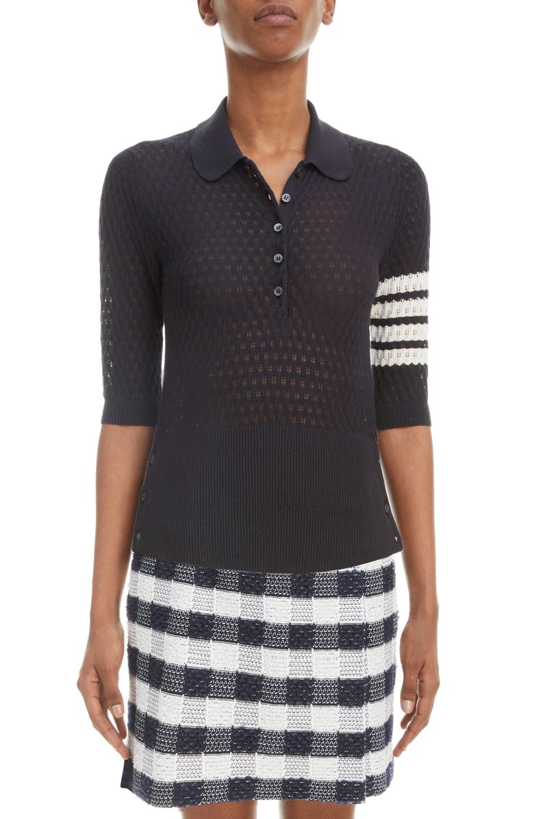 Thom Browne 4-Bar Pointelle Cotton & Silk Polo, Main, color, 