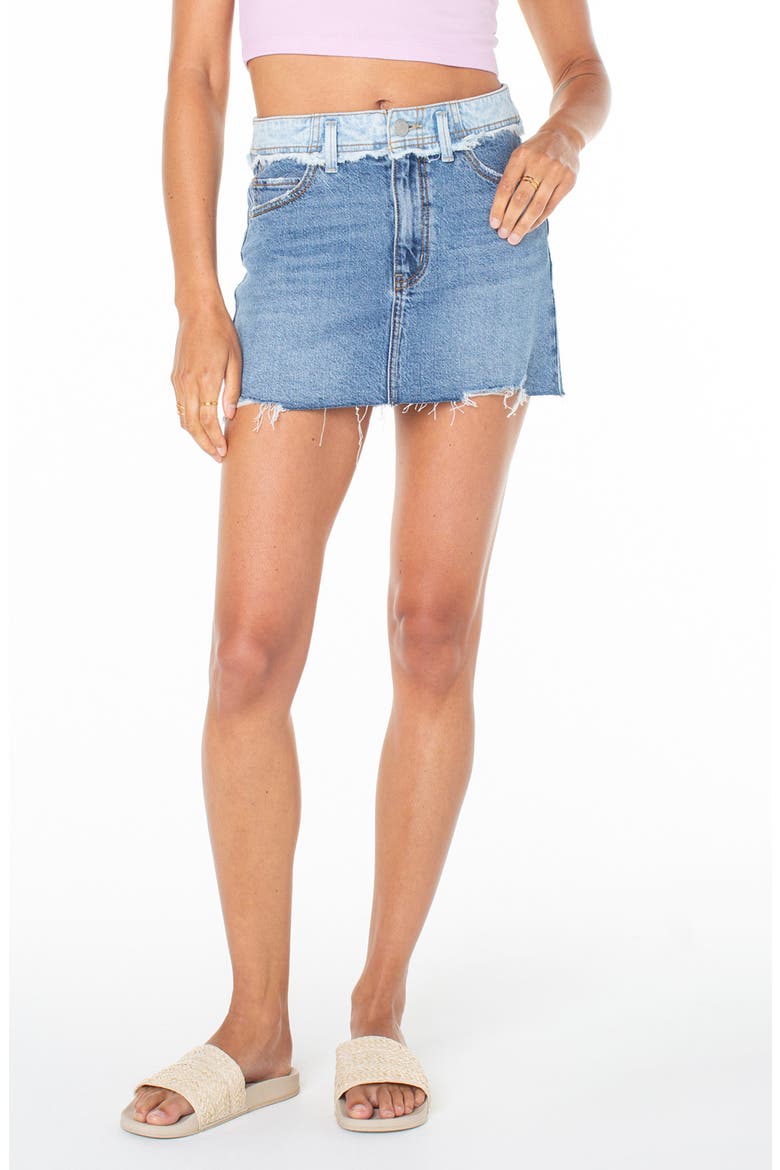 Sereia Distressed Denim Miniskirt, Main, color, PATCH AND RELEASE DENIM WASH