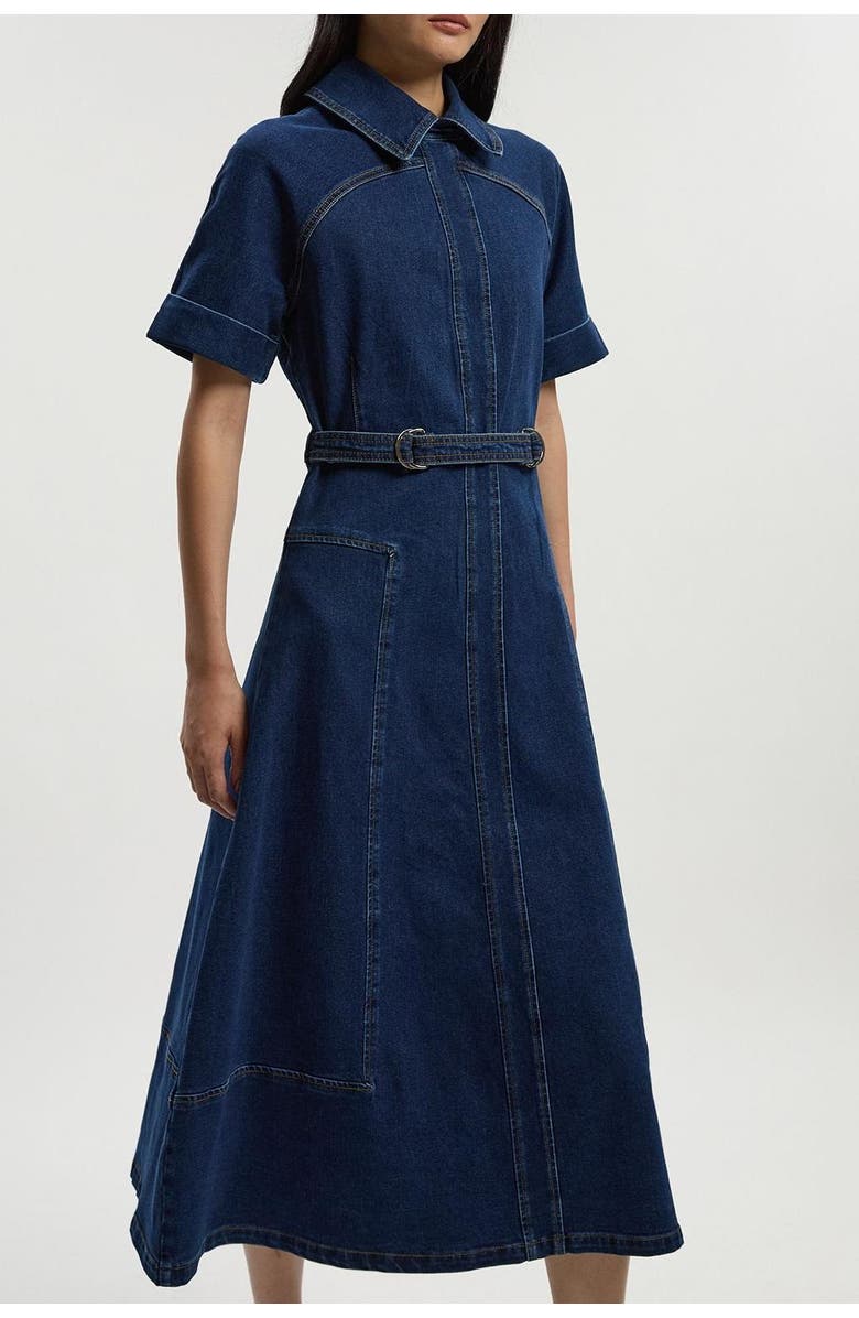 Karen Millen Petite Stretch Denim Tab Belt Midi Dress, Alternate, color, Mid Wash