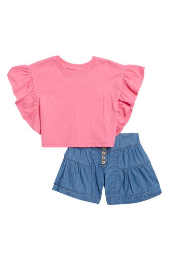 JESSICA SIMPSON JESSICA SIMPSON KIDS' RUFFLE TOP TEE & GATHERED CHAMBRAY SHORTS 