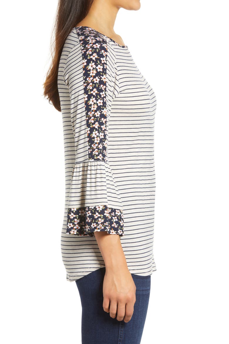 Floral Stripe Flounce Sleeve Top, Alternate, color, OATMEAL/ NAVY