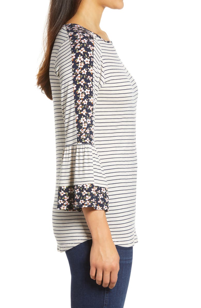 Loveappella Floral Stripe Flounce Sleeve Top, Alternate, color, 