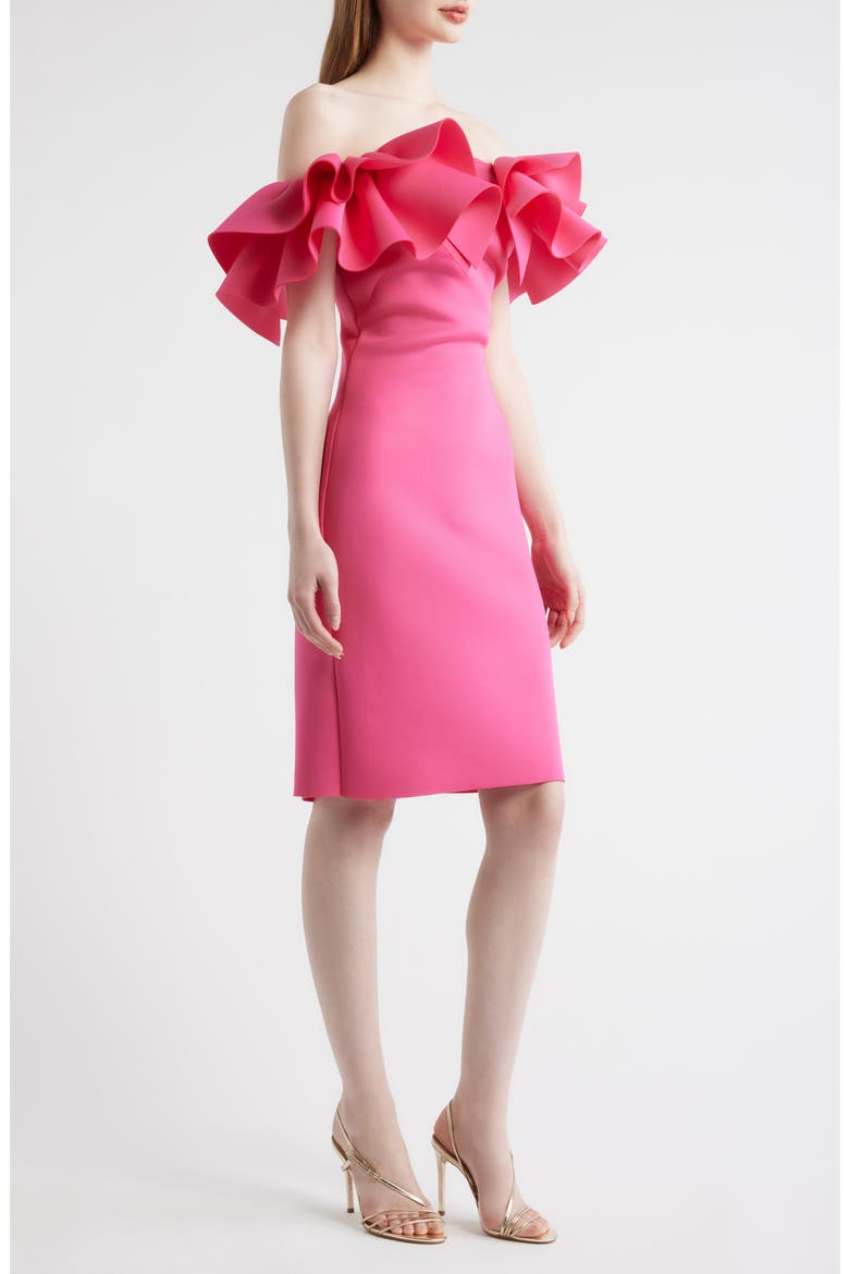 Ruffle Off the Shoulder Scuba Crepe Cocktail Dress, Alternate, color, VIBRANT PINK