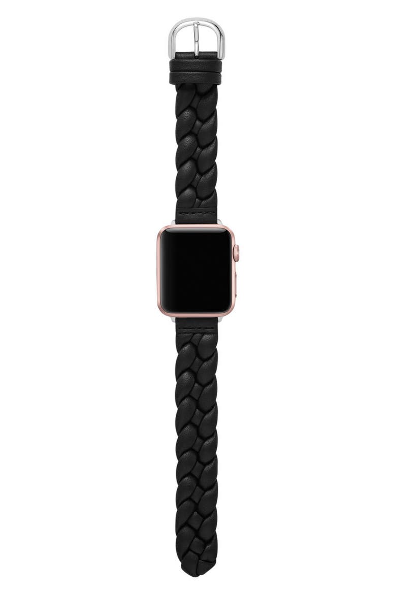 braided leather 20mm Apple Watch® watchband, Alternate, color, BLACK