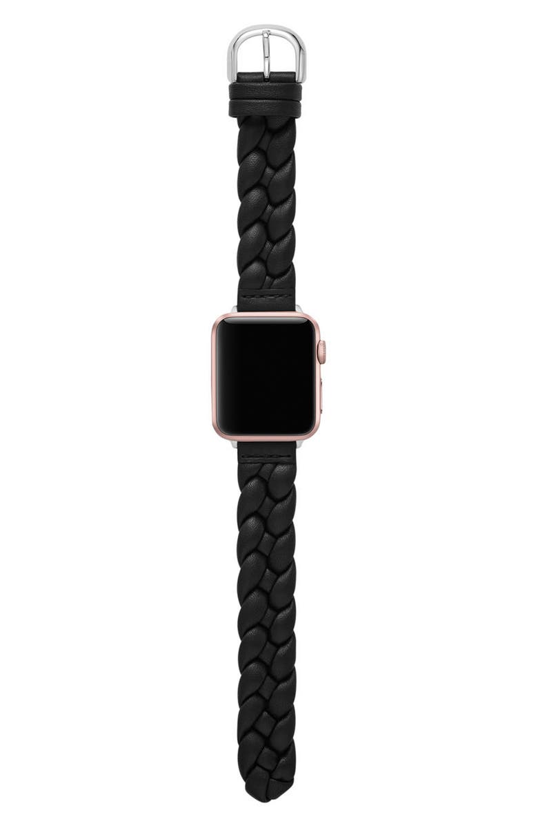 Kate Spade New York braided leather 20mm Apple Watch<sup>®</sup> watchband, Alternate, color, Black