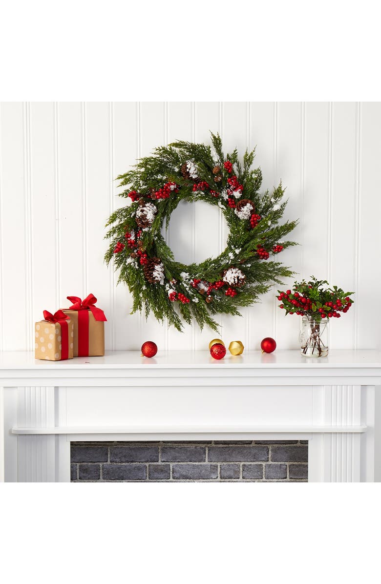 NEARLY NATURAL 28" Frosted Cypress, Berries, & Pinecones Artificial Wreath, Alternate, color, 
