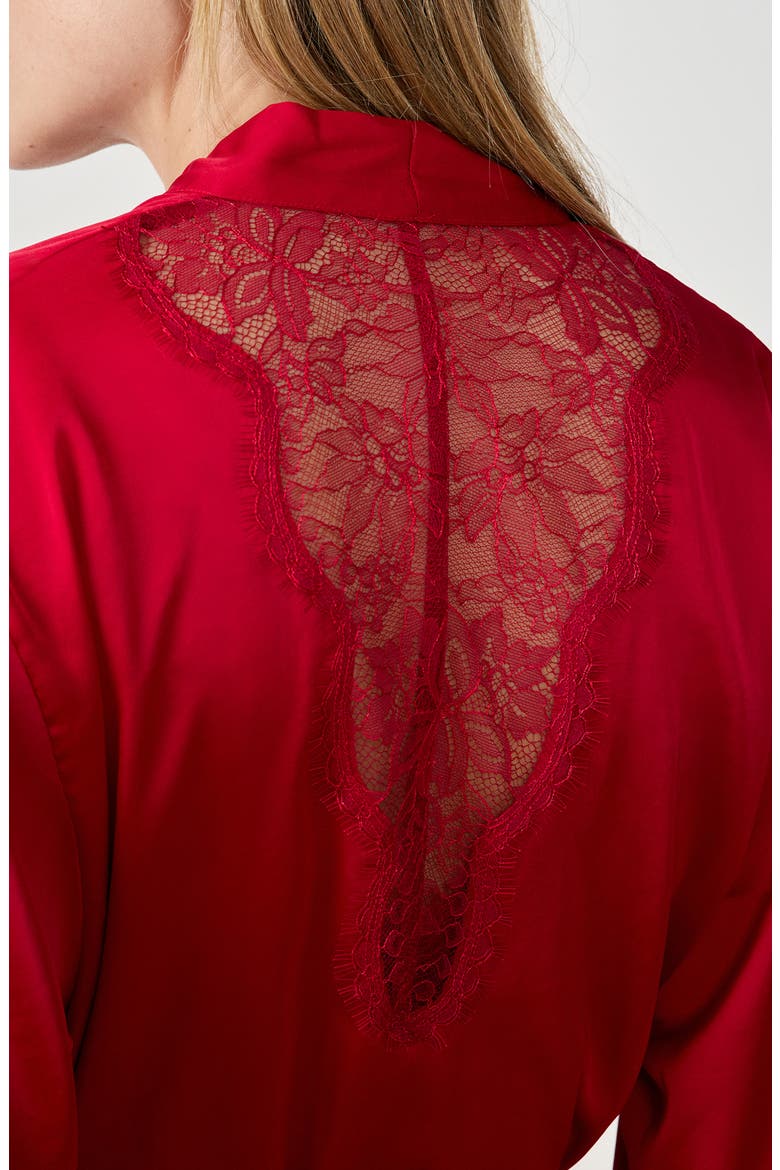Confidence Deshabille Lace Trim Satin Robe, Alternate, color, RED