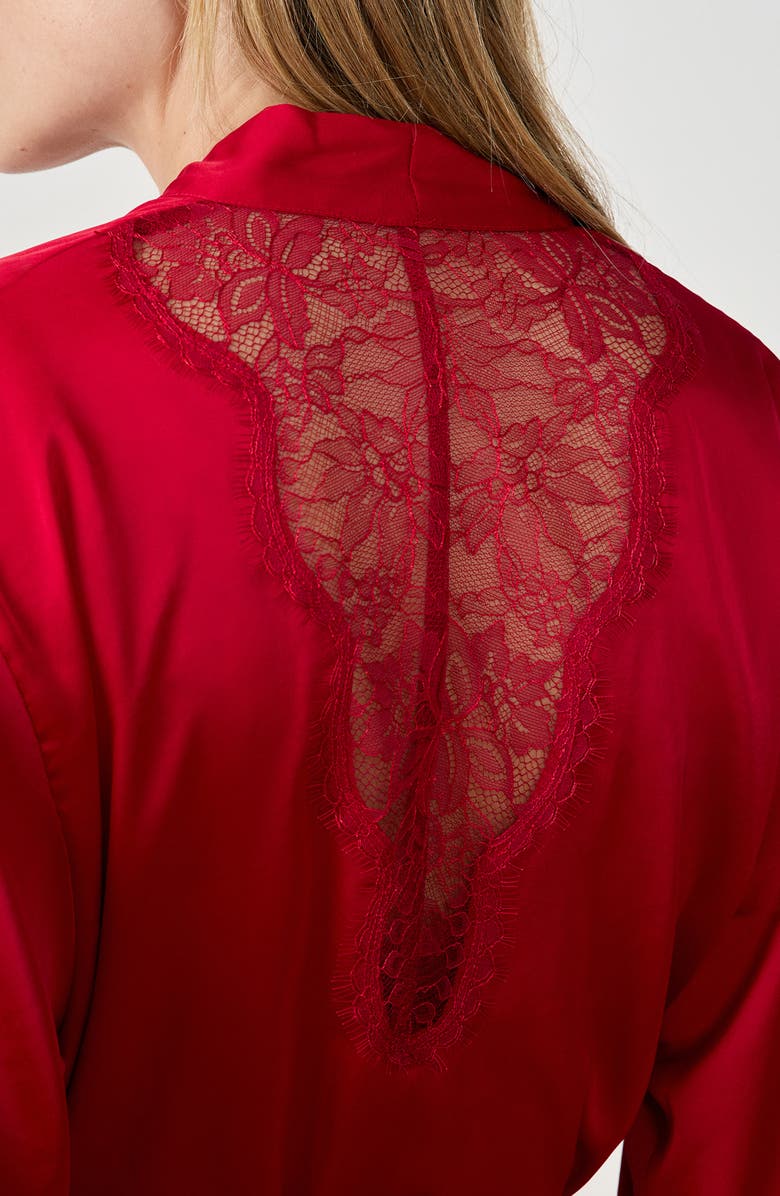 Etam Confidence Deshabille Lace Trim Satin Robe, Alternate, color, Red