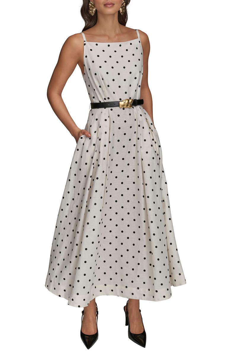 Donna Karan New York Polka Dot Belted Linen Blend Midi Dress, Main, color, 