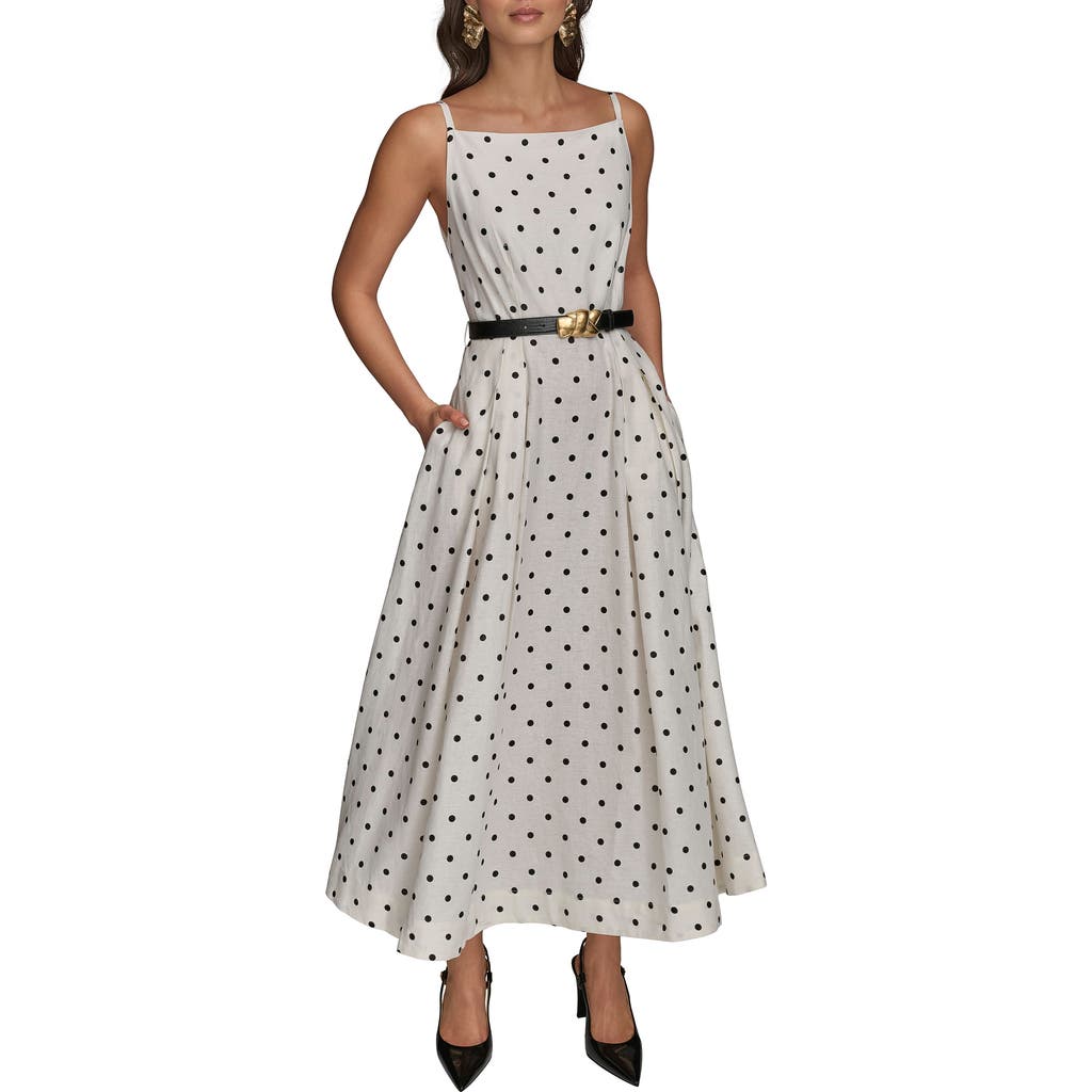 Donna Karan New York Polka Dot Belted Linen Blend Midi Dress In White