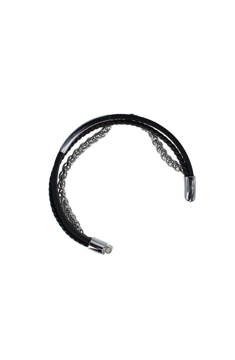 Trafalgar Zaid Metal and Leather Triple Strand Secure Clasp Bracelet, Alternate, color, Black With Silver Metal