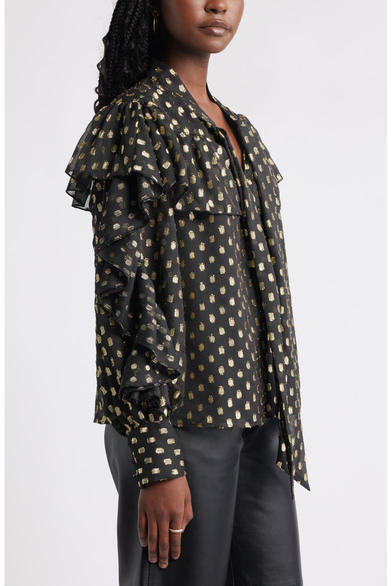 Tie Neck Metallic Chiffon Top, Alternate, color, BLACK LUREX DOT
