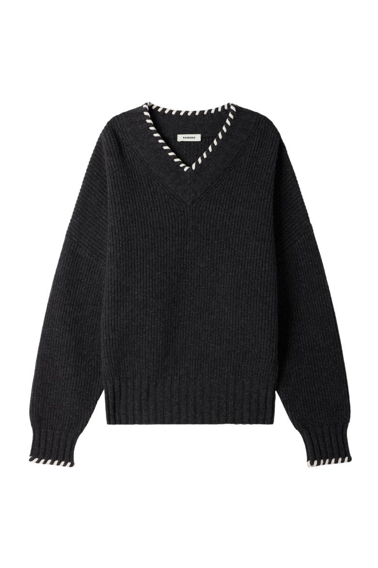 Braided V-neck sweater, Alternate, color, Grey