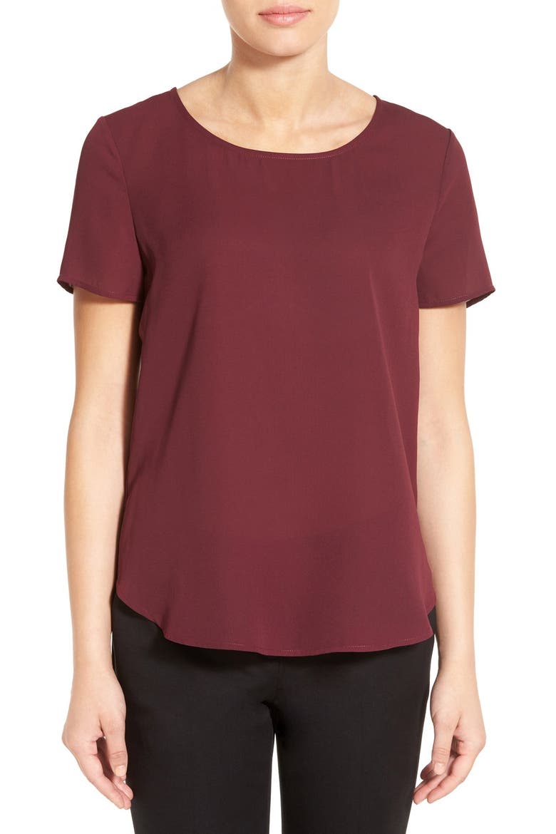 Pleat Back Woven Print Top, Main, color, BURGUNDY STEM