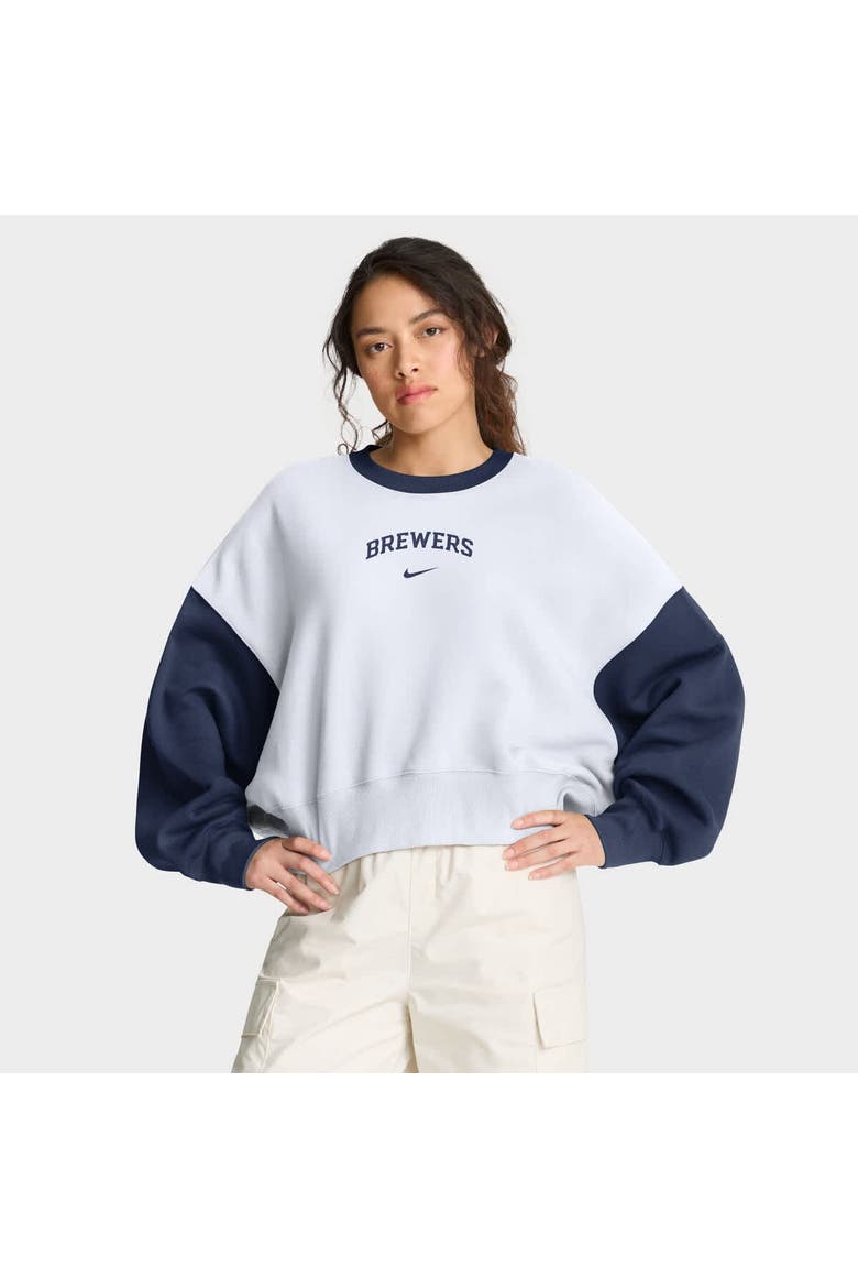 Women's Nike White/Navy Milwaukee Brewers Oversized High Hip Fleece Sweatshirt, Main, color, White