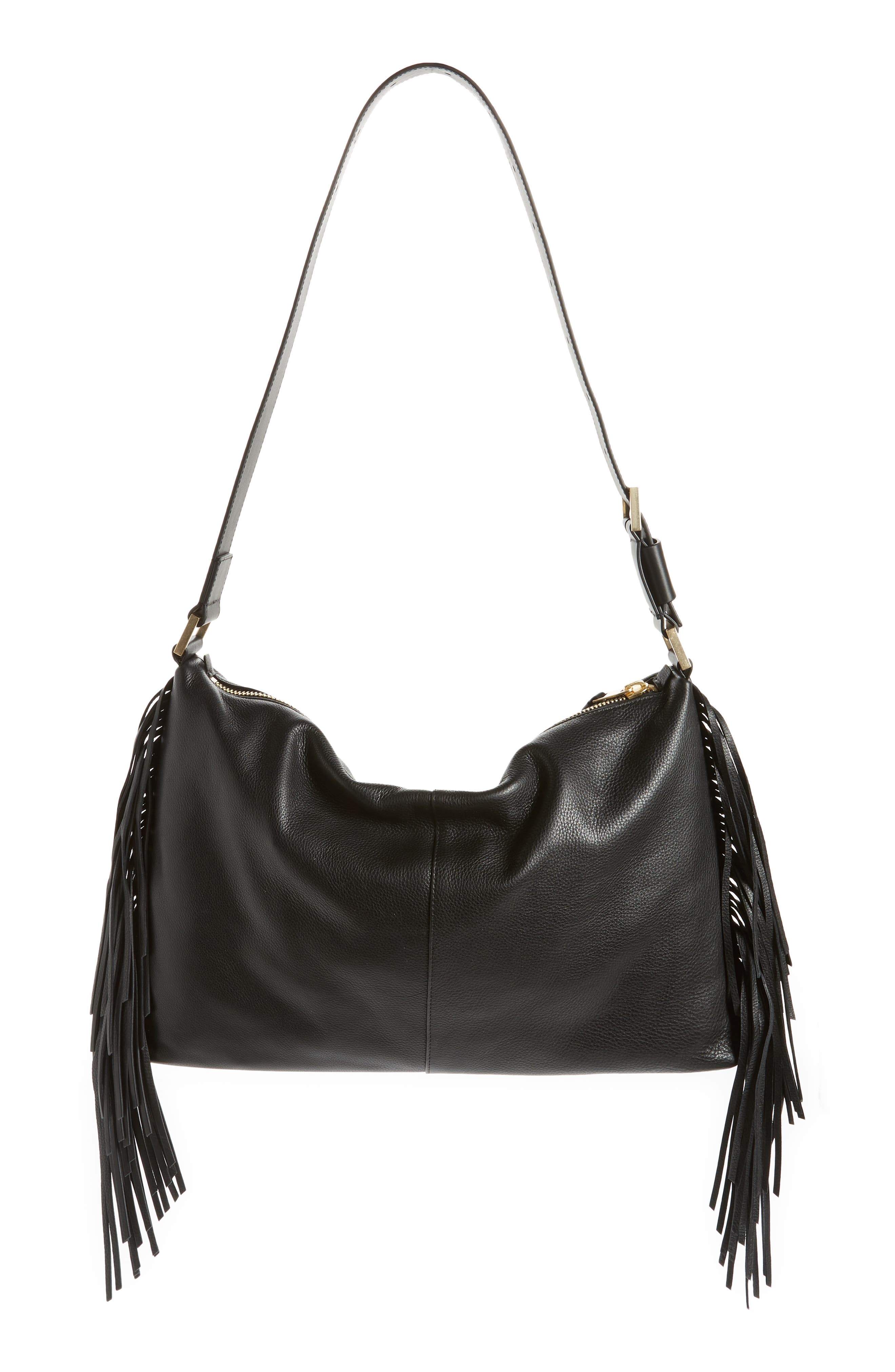 AllSaints Edbury Fringe Leather Shoulder Bag, Alternate, color, 