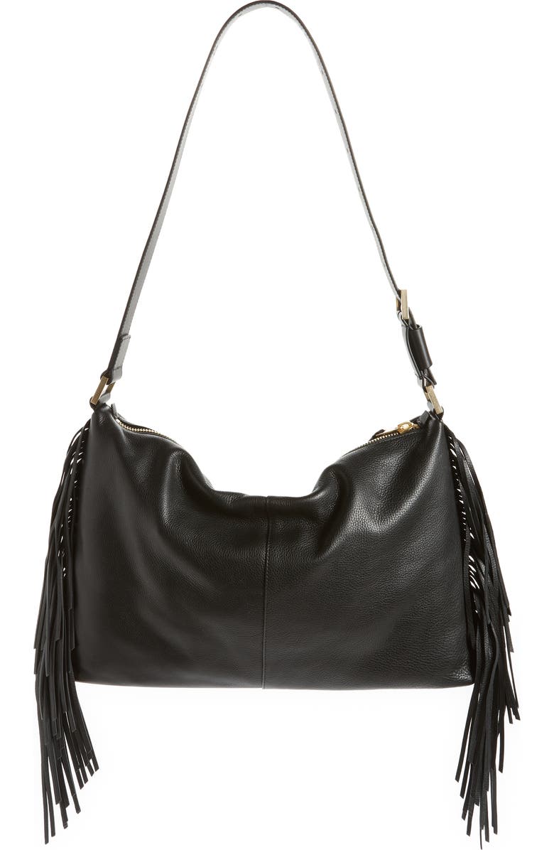 AllSaints Edbury Fringe Leather Shoulder Bag, Alternate, color,