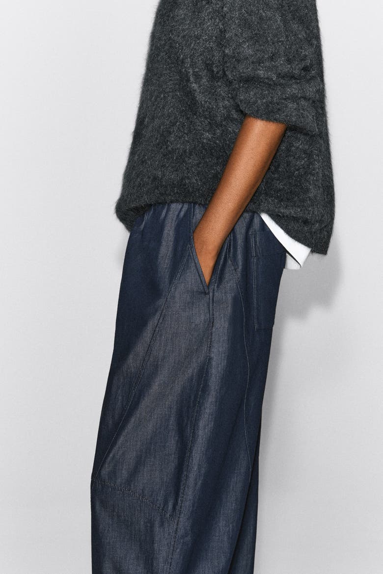 Elasticated Barrel-Leg Denim Pants, Alternate, color, DARK BLUE