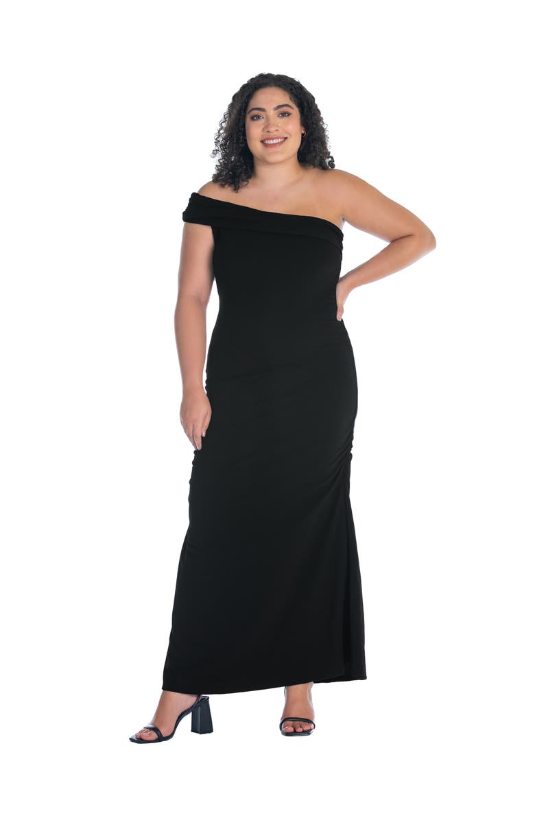 24seven Comfort Apparel Formal One Shoulder Rouched Mermaid Maxi Dress, Main, color, Black