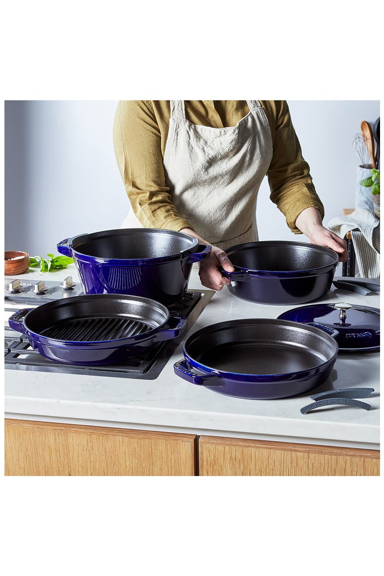 4-Piece Stackable Enameled Cast Iron Cookware Set, Alternate, color, DARK BLUE