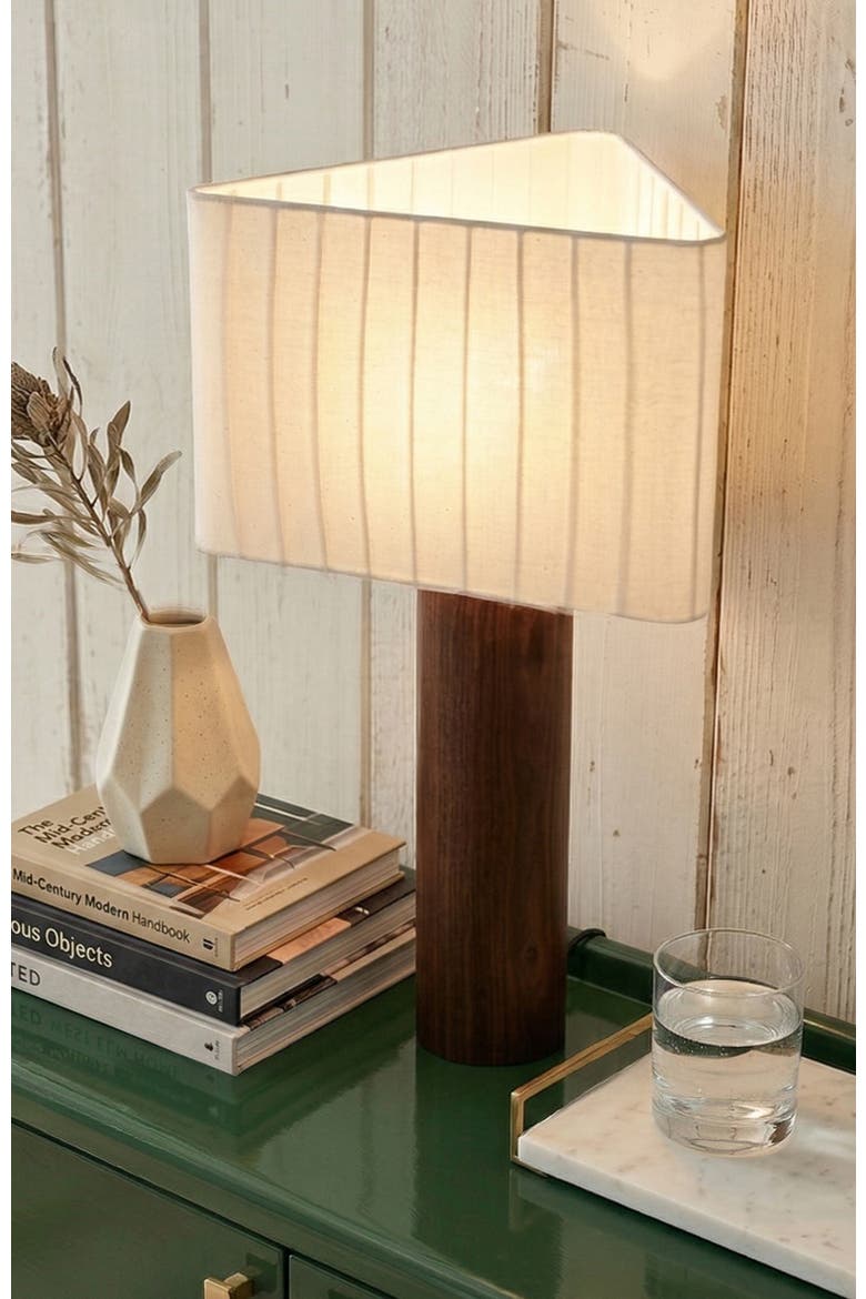 Koa 20" LED Table Lamp with Solid Walnut Wood Base and Triangle Cotton Shade, Alternate, color, Walnut