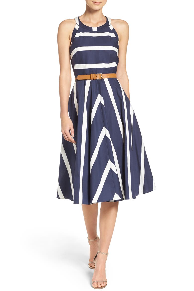 Stripe Fit & Flare Dress, Main, color, NAVY/ WHITE