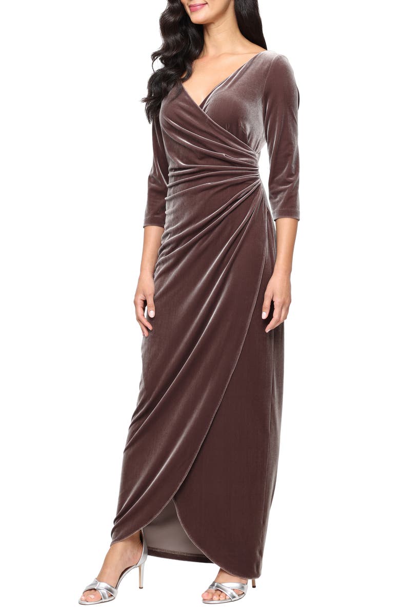 Alex Evenings Ruched Three-Quarter Sleeve Velvet Gown, Main, color, Mink