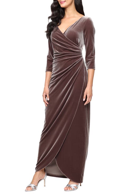 Ruched Three-Quarter Sleeve Velvet Gown