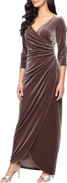 Alex Evenings Ruched Three-Quarter Sleeve Velvet Gown