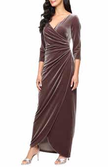 Alex Evenings Ruched Three-Quarter Sleeve Velvet Gown