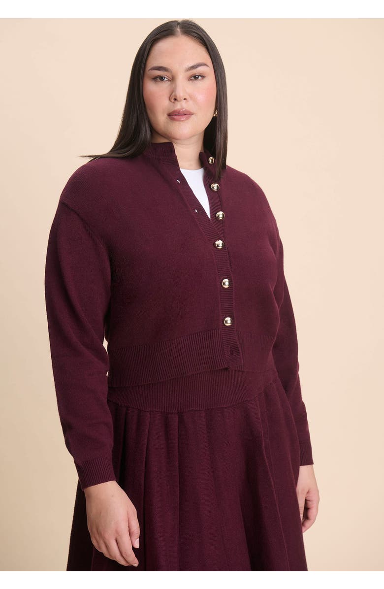 ELOQUII Gold Button Cropped Cardigan, Alternate, color, Burgundy