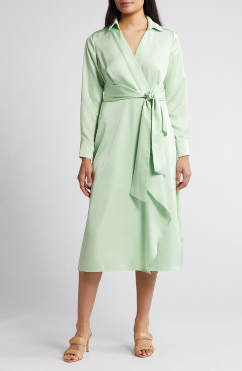 Ruffle Front Long Sleeve Midi Shirtdress
