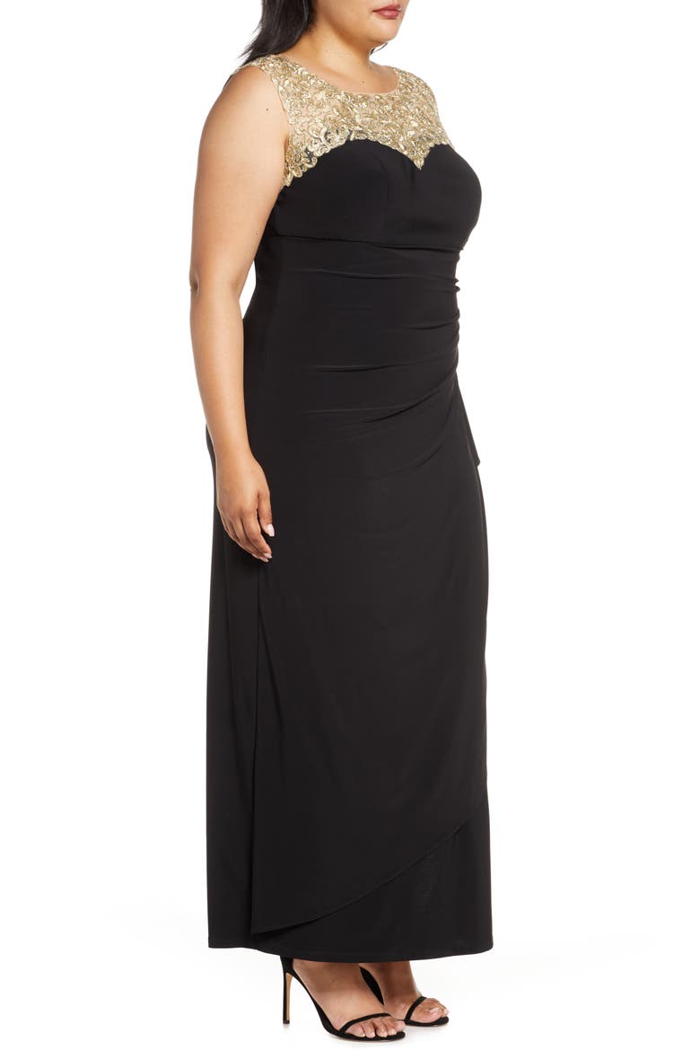 Embroidered Side Ruched Gown, Alternate, color, BLACK GOLD