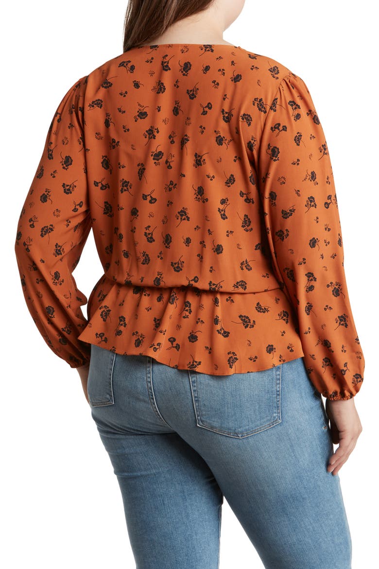 Surplice Tie Waist Long Sleeve Floral Print Top, Alternate, color, RUST- BLACK BELLE FLEUR