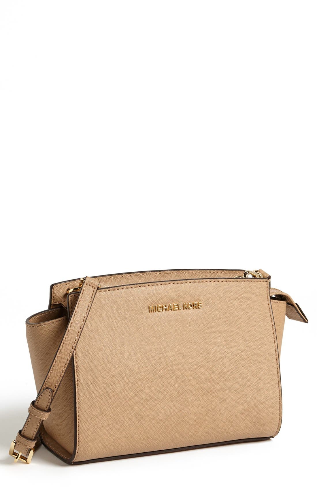 'Medium Selma' Saffiano Leather Crossbody Bag, Main, color, DK KHAKI