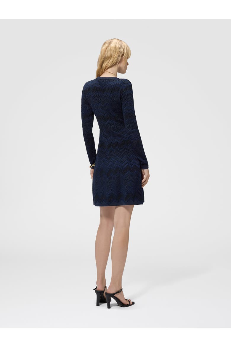 Zig Zag Viscose And Wool Crewneck Dress, Alternate, color, Navy Blue
