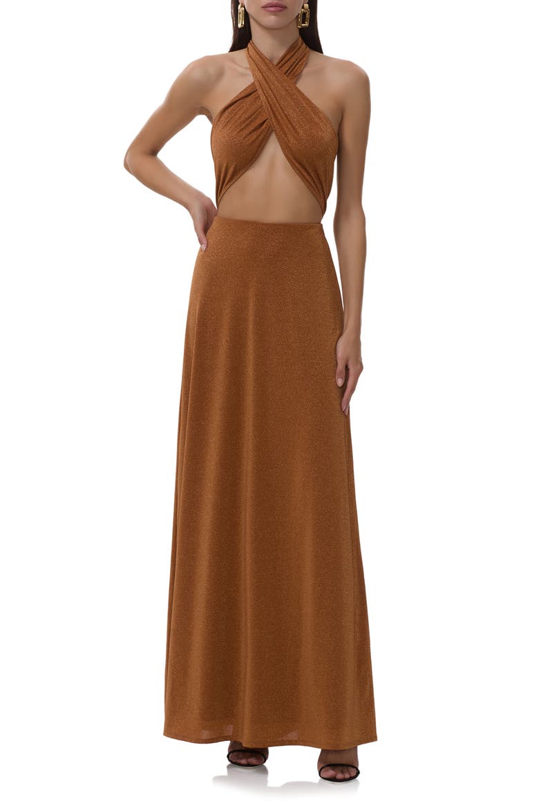 Kendrick Metallic Cutout Halter Jersey Gown, Main, color, BRONZE