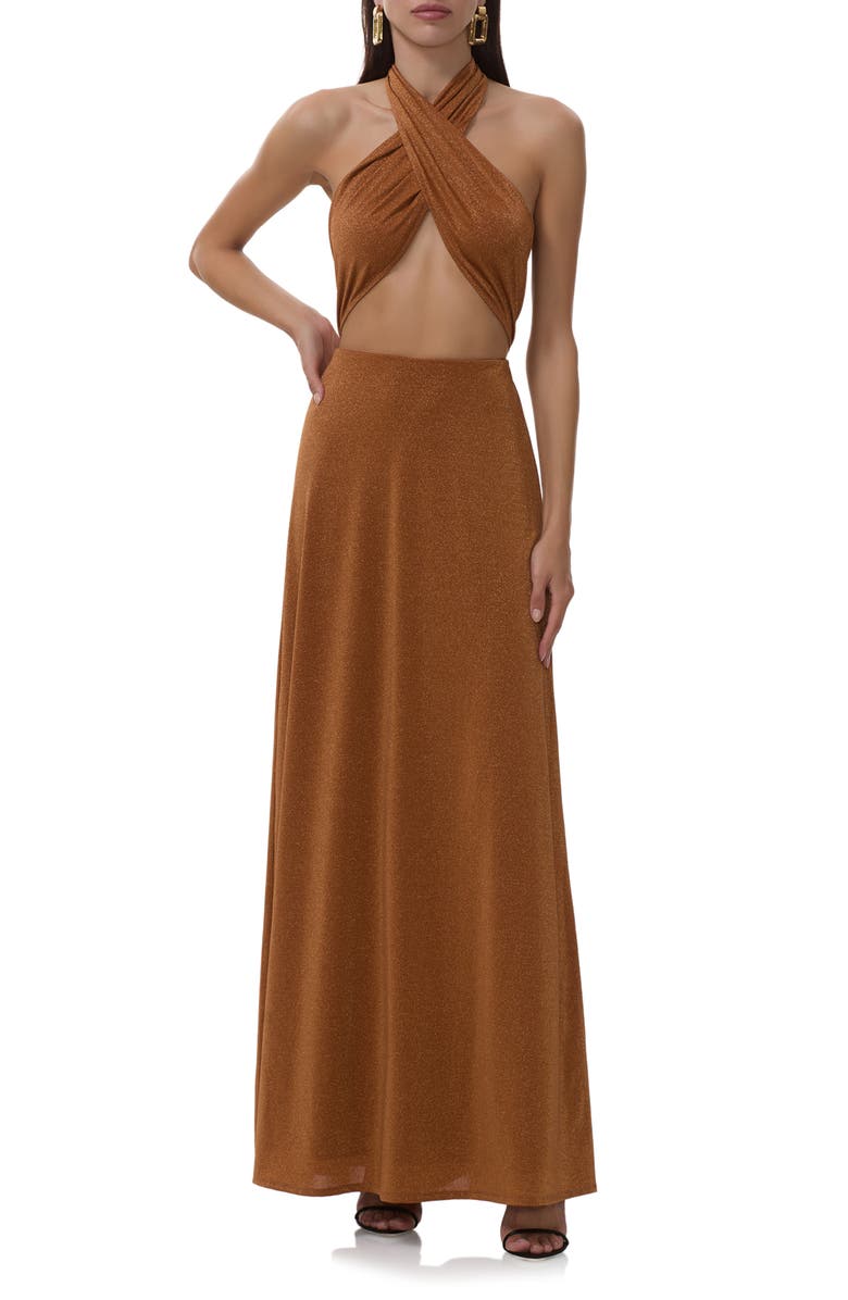 AFRM Kendrick Metallic Cutout Halter Jersey Gown, Main, color, Bronze
