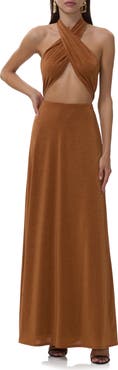AFRM Kendrick Metallic Cutout Halter Jersey Gown