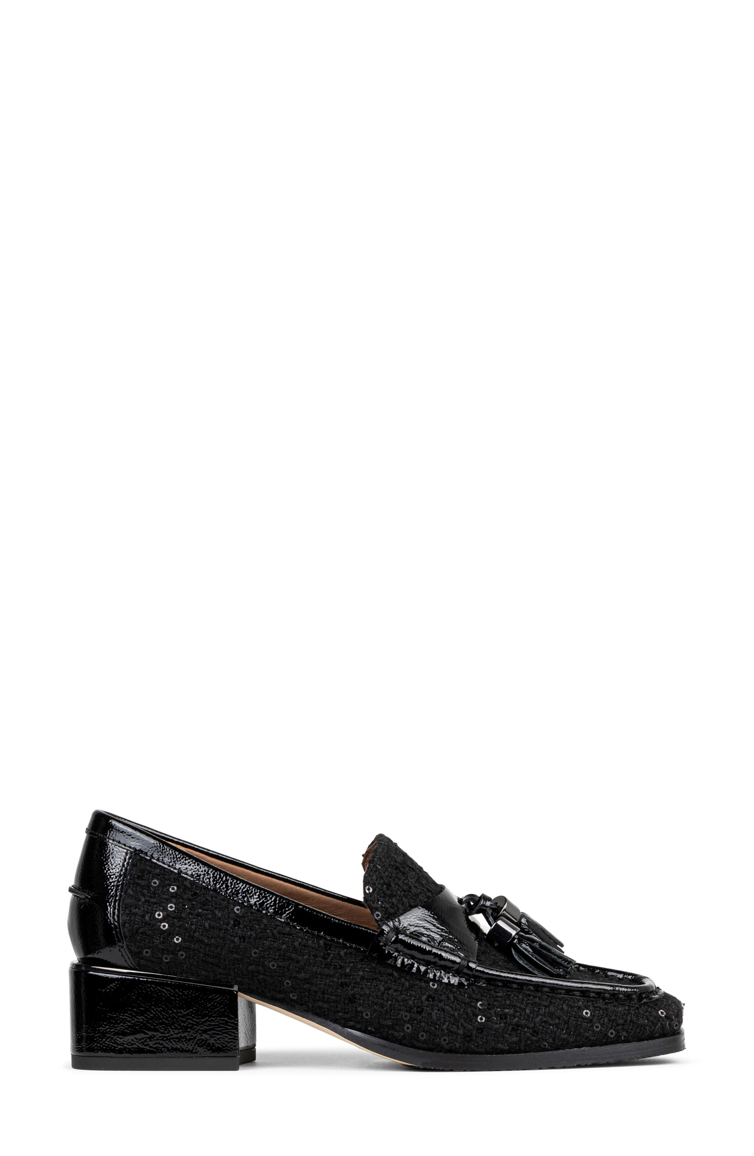 Donald Pliner Tailored Heel Bouclé Loafer, Alternate, color, Black Sequin