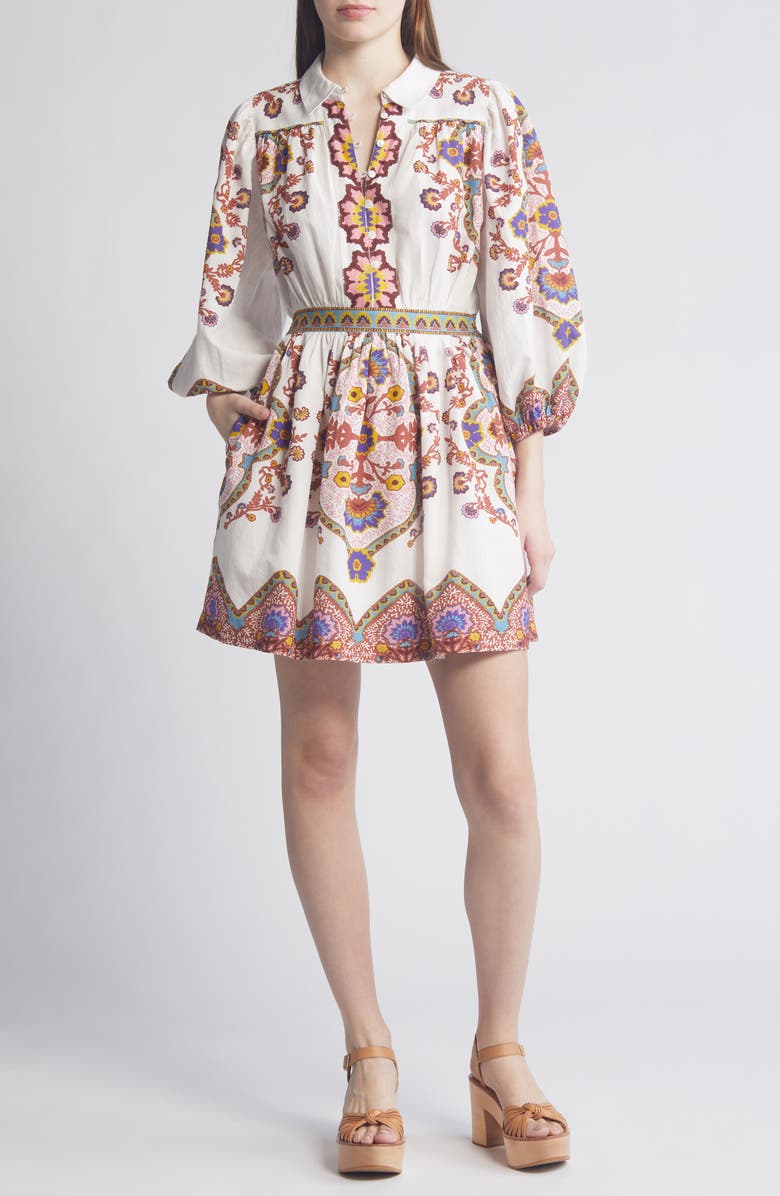 Cleobella Leigh Placed Print Long Sleeve Cotton & Linen Minidress, Main, color,