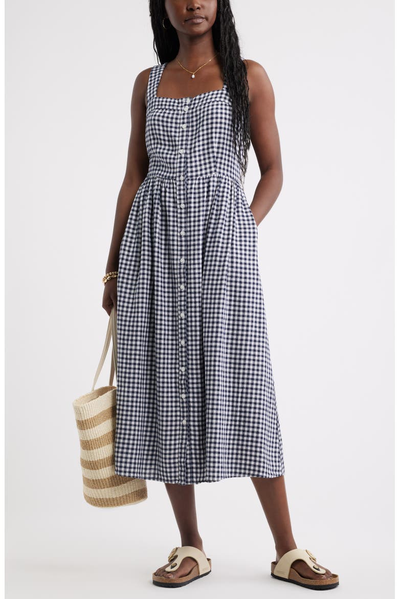 Checkered Button Front Midi Dress, Alternate, color, NAVY WHITE GINGHAM
