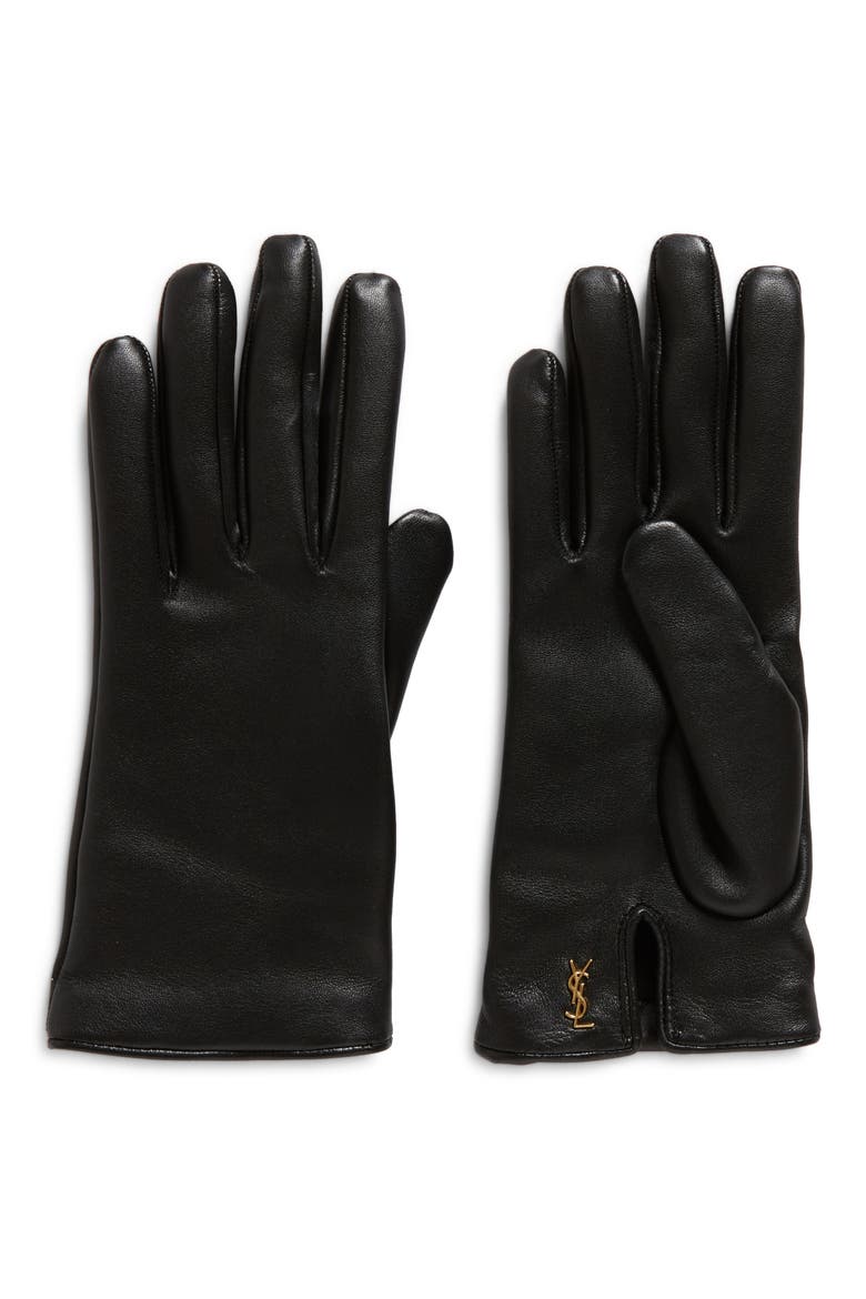 Cassandre Logo Cashmere Lined Leather Gloves, Main, color, BLACK/ GOLD