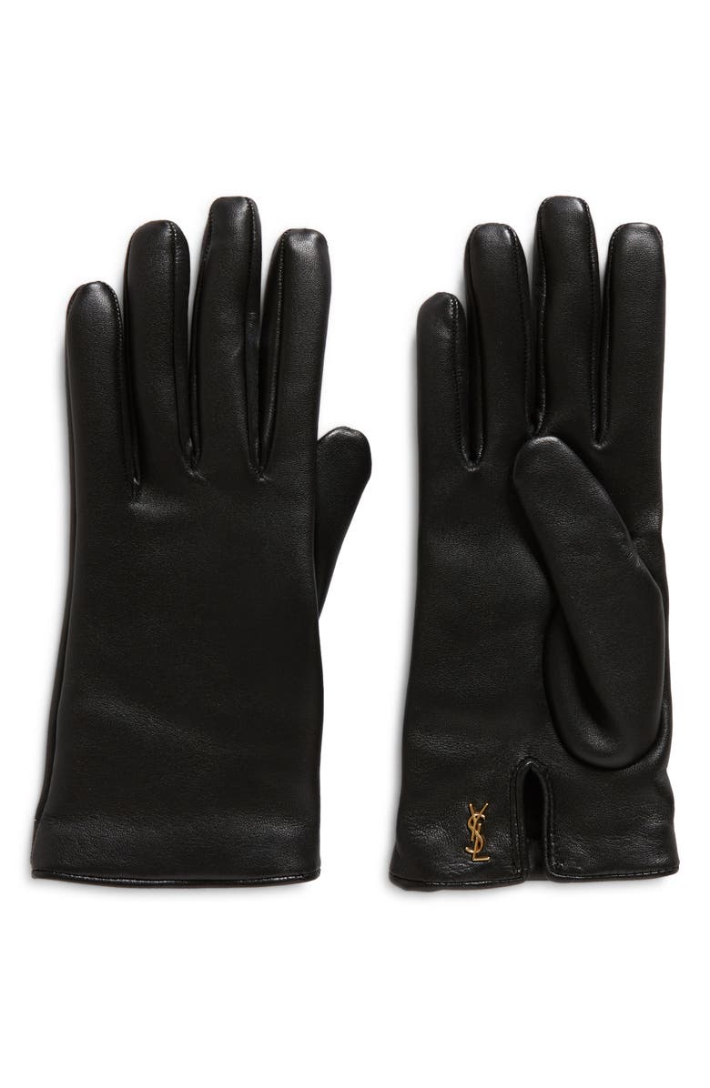 Saint Laurent Cassandre Logo Cashmere Lined Leather Gloves, Main, color, Black/ Gold